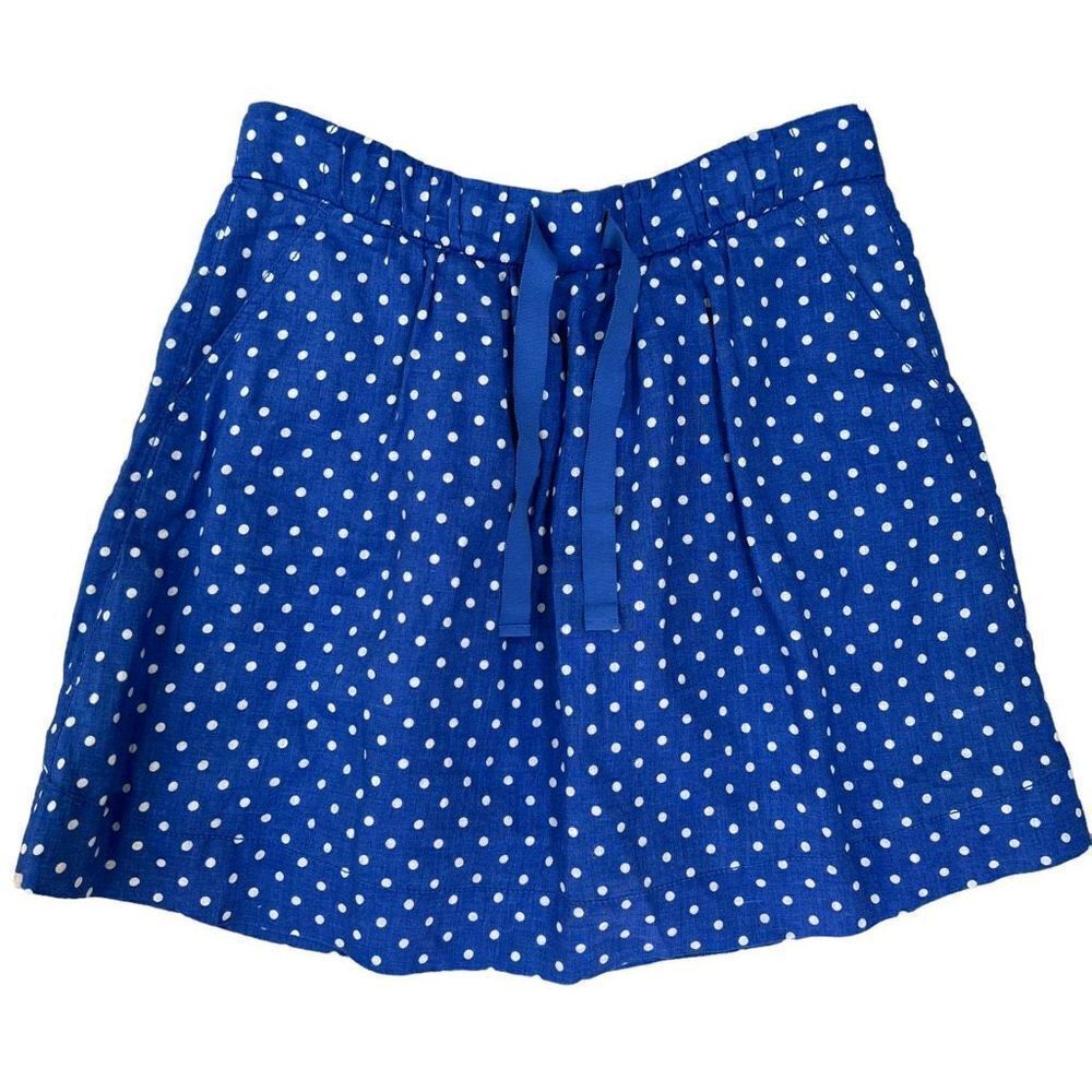 J. Crew Polka Dot Skirt 100% Linen Cotton Lined Blue White Pockets size 8